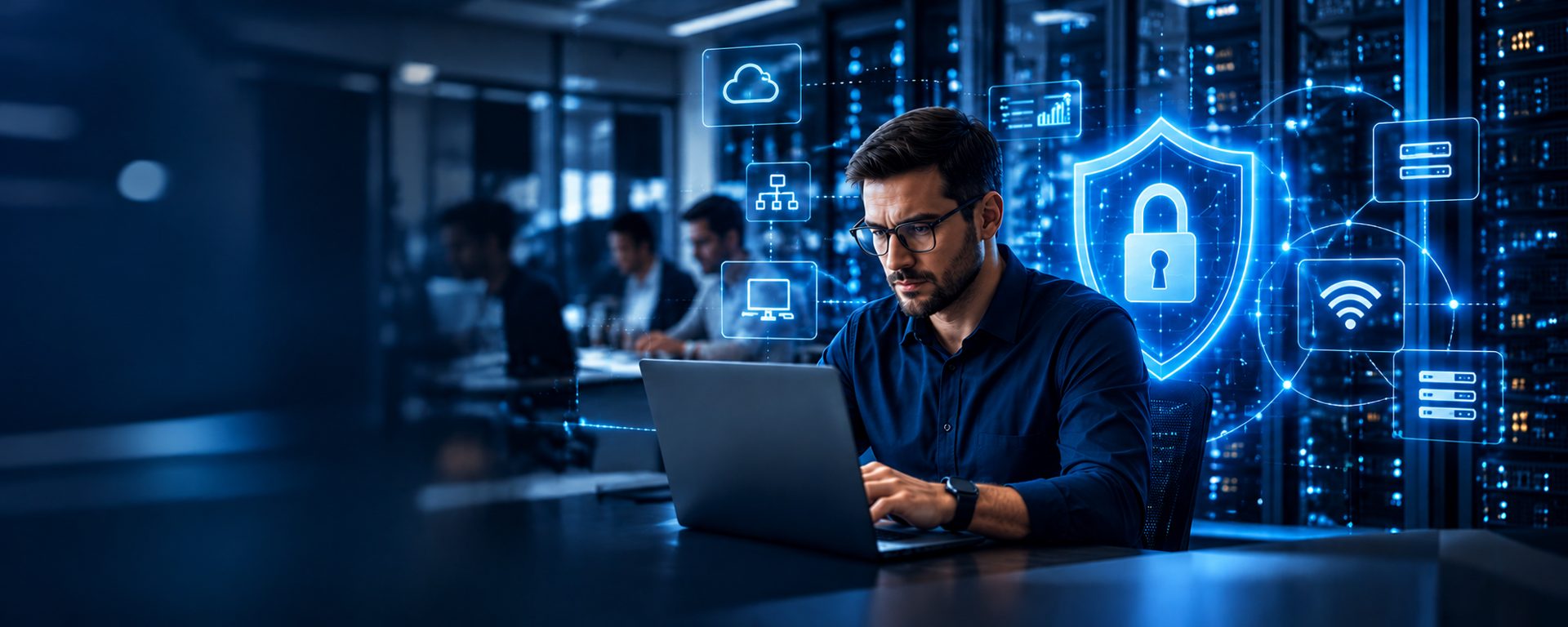 Ingeniero trabajando en seguridad de la información e infraestructura frente a un centro de datos