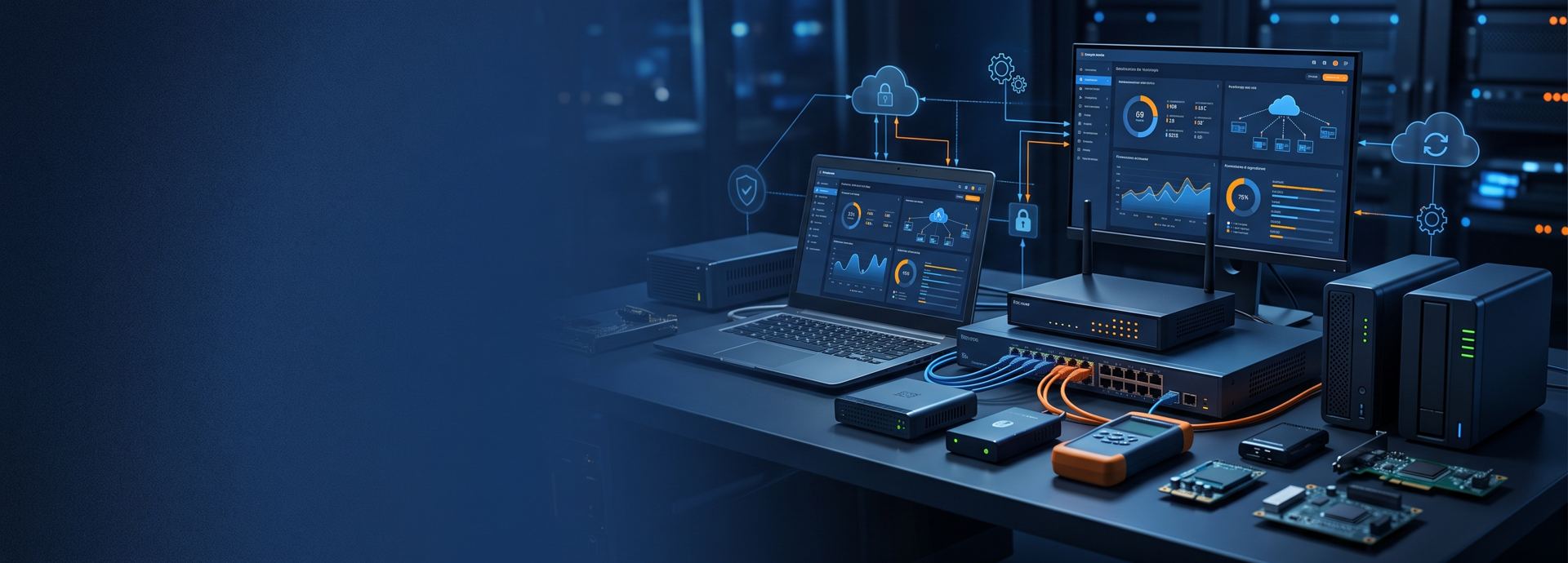 Equipos de red, servidores y paneles de monitoreo sobre un escritorio de trabajo
