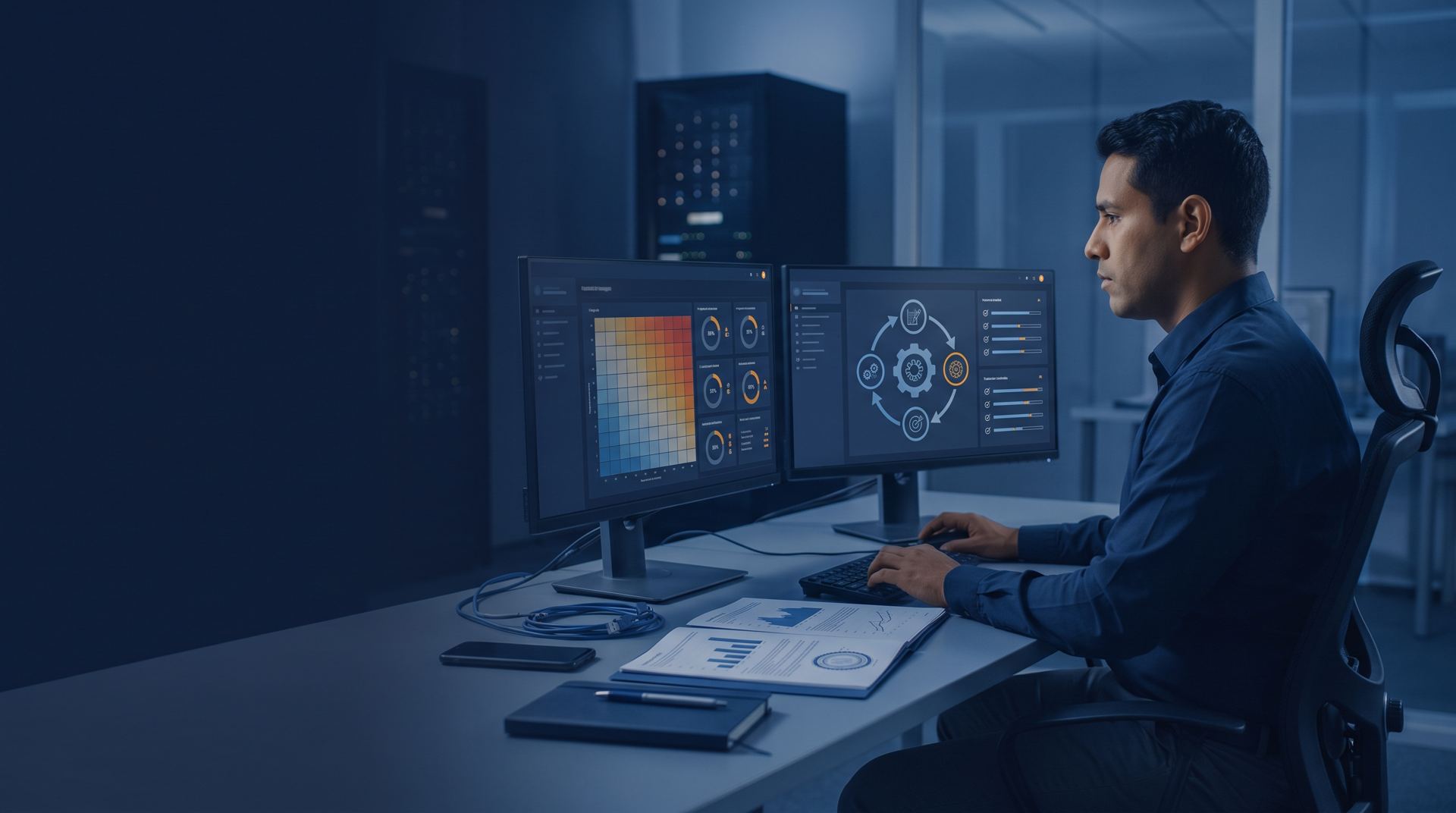 Especialista revisando indicadores de riesgo y seguridad de la información en sus monitores
